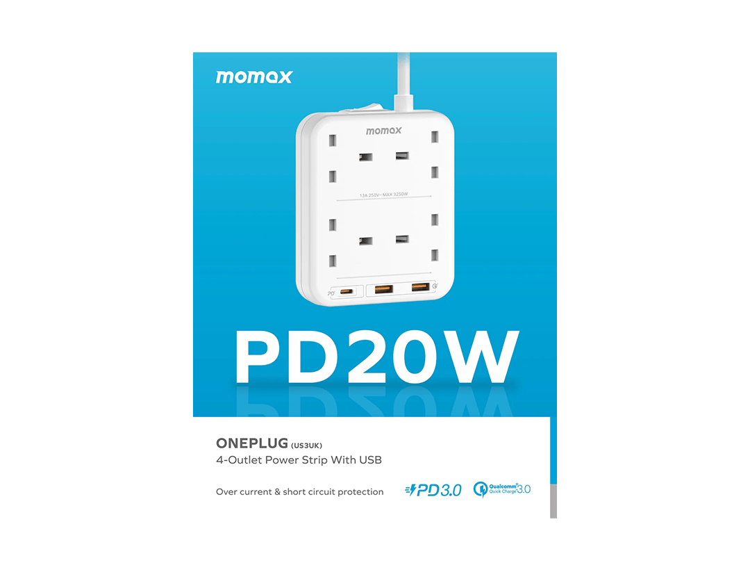 Momax OnePlug 4 Outlets Power Strip With USB - White in Qatar Momax OnePlug 4 Outlets Power Strip With USB - White in Qatar